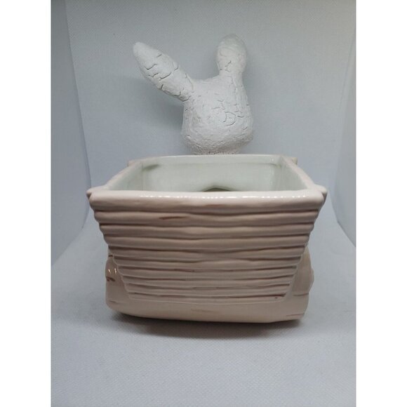Vintage Planter Bunny Pulling Cart White Rabbit Ceramic Plant Accessory Easter - Picture 9 of 13